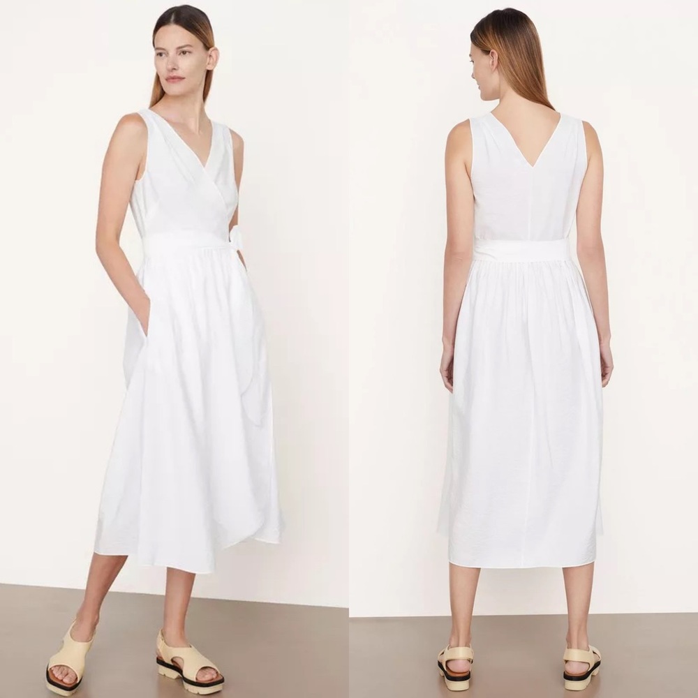 Vince Sleeveless Wrap Midi Linen Dress White Size L NEW
